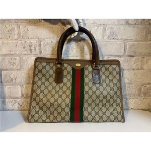 Gucci Beige and Brown Tote with Green and Red Stripe